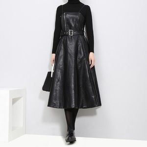 Faux Vegan Leather Black Belted A Line Zipper Midi Dress